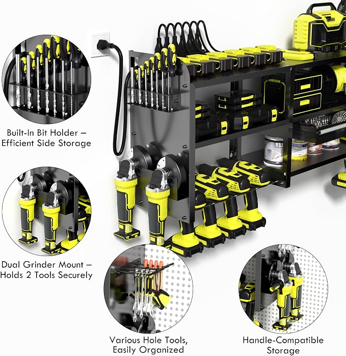 KSVO Large Power Tool Organizer Wall Mount with Locking Drawers, Black | Grinder Holder, Hammer & Pliers Rack, 6-Outlet Charging Shelf, Heavy-Duty Metal Storage for Garage & Workshop