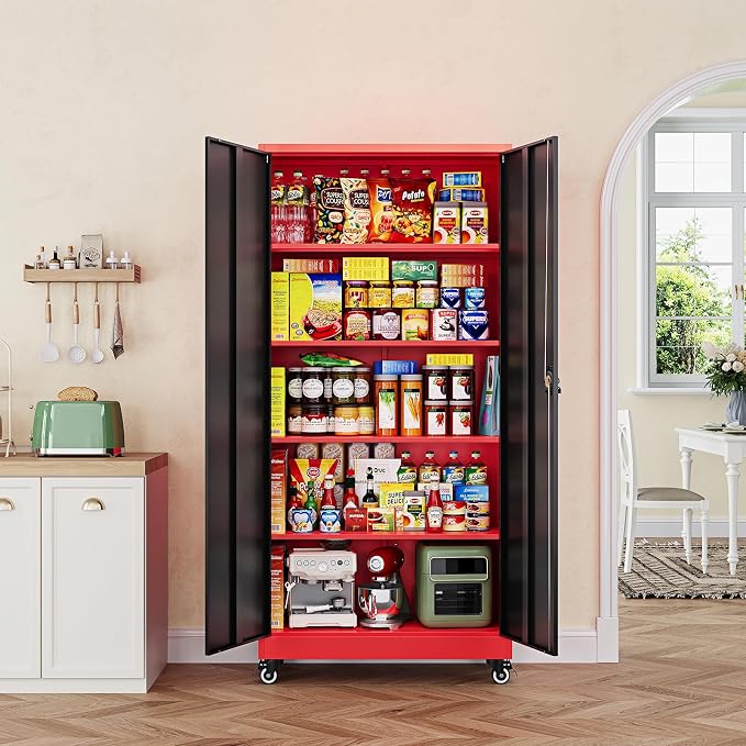 Metal Garage Storage Cabinets with Lock Door and Adjustable Shelves, Steel Tool Cabinets for Home,Office,Warehouse Organisieren (Black Red, 75" H)