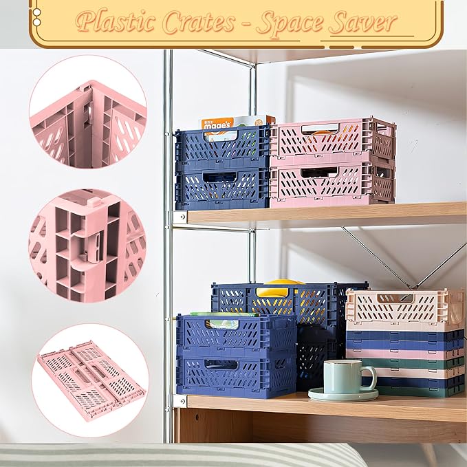 3Pcs Stackable Storage Bins with Handles Collapsible Plastic Crates | 7.5L Colorful Foldable Crate Large Baskets Truck Containers Fold Up Organization for Bathroom Desk Kitchen Office Home