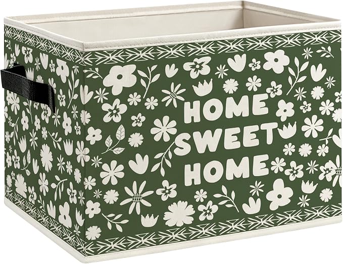 Home Sweet Home Floral Foldable Storage Bins Box with Handles, Housewarming Gifts, Cottagecore Sage Green Botanical Flower Decorative Storage Boxes Baskets Organizer for Bedroom Bathroom