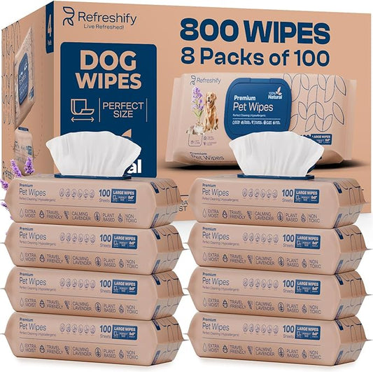 REFRESHIFY Dog Wipes for Paws and Butt - (Bulk 800 Wipes) - Plant Based Lavendar Scented, Pet Wipes for Dogs and Cats - Deodorizing Non Toxic Dog Wipes - 8 Packs of 100