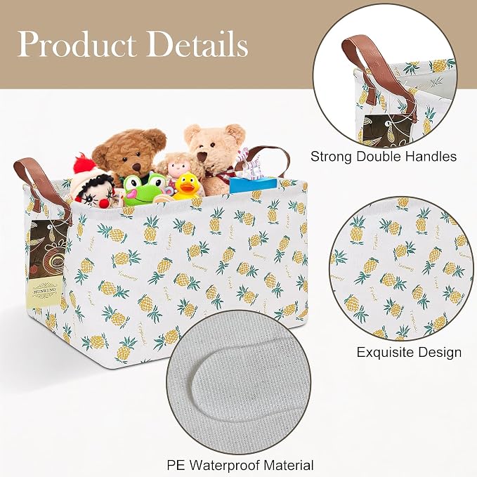 Rectangle Foldable Storage Basket Handles For Home, Pineapple | Waterproof canvas material, reinforced handles, perfect for shelf use, organizes clothes, daily items and pet supplies