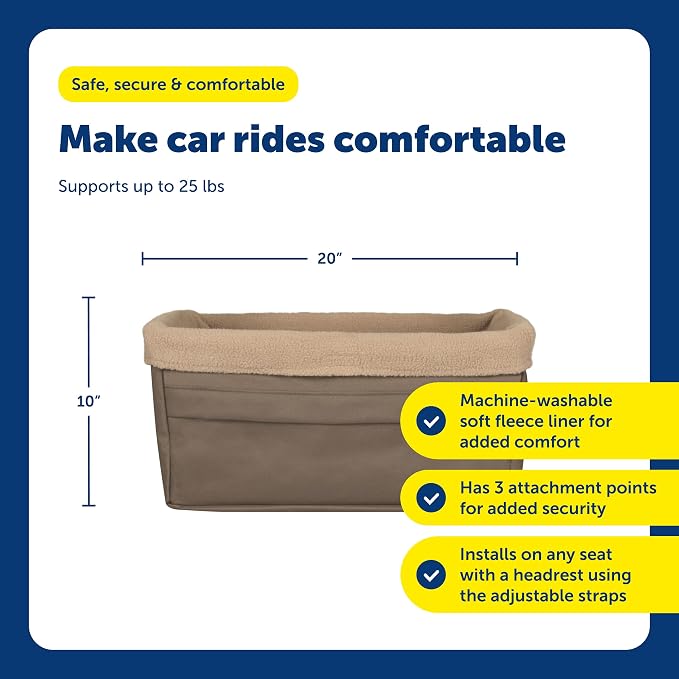 PetSafe Happy Ride Dog Booster Seat, Brown, Up to 25 Lb | Raises Small Dogs to Window Height In Most Cars, Connects to Seatbelt with Safety Tether, Fleece Liner Is Machine Washable