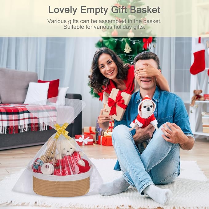 Small Empty Gift Basket with Bag & Ribbons, White & Camel | 12“x8”x5”, Cotton Rope Woven Basket for Birthdays, Baby Showers, Mother's Day, Christmas; Stores Small Items, Kids & Pet Toys
