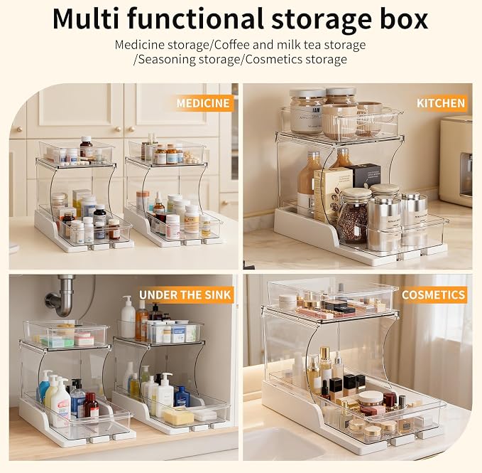 Jsyrjing Pull Out 2 Tier Organizer for Kitchen Bathroom and Cabinet Storage Rotating Pantry Rack Under Sink Organizer Clear and Durable Design 1 Pack