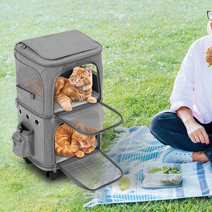 2-Tier Rolling Pet Carrier for Cats & Dogs, Removable Divider, Telescopic Handle, 4 Wheels, Breathable Mesh, Foldable, Large Portable Travel Crate with Side Pockets, 22lbs Capacity