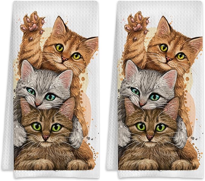 Cute Kittens Cat Hand Towels,Set of 2 Absorbent Bath Towel Kitchen Dish Towel Home Gym Hotel Bathroom Decor,16x24 Inches