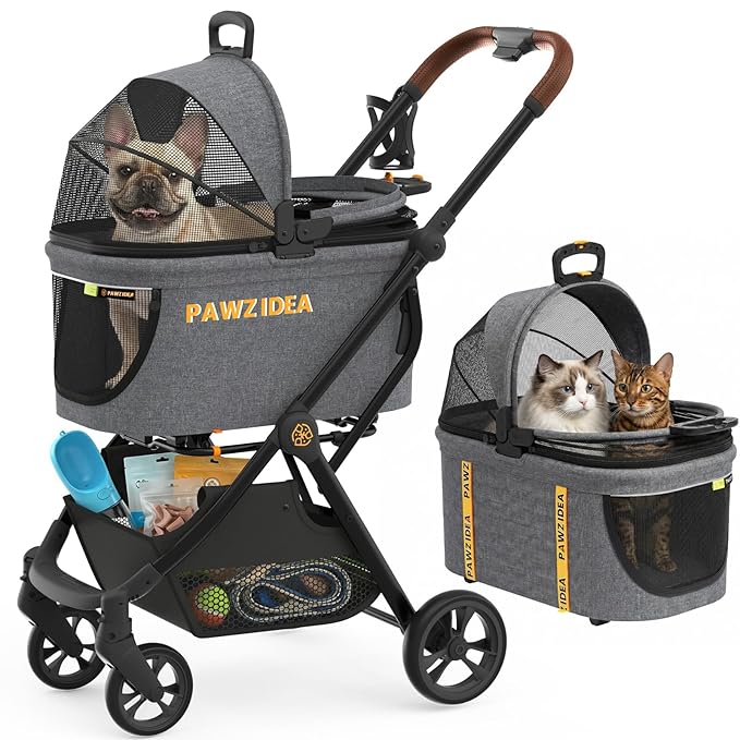 PAWZIDEA Pet Stroller 4-in-1, Foldable Cat Stroller with Detachable Carrier | Escape-Proof No-Zip Canopy, Portable Travel Crate & Car Seat Combo, for Small to Medium Dogs & Cats up 33 lbs, Storage Basket