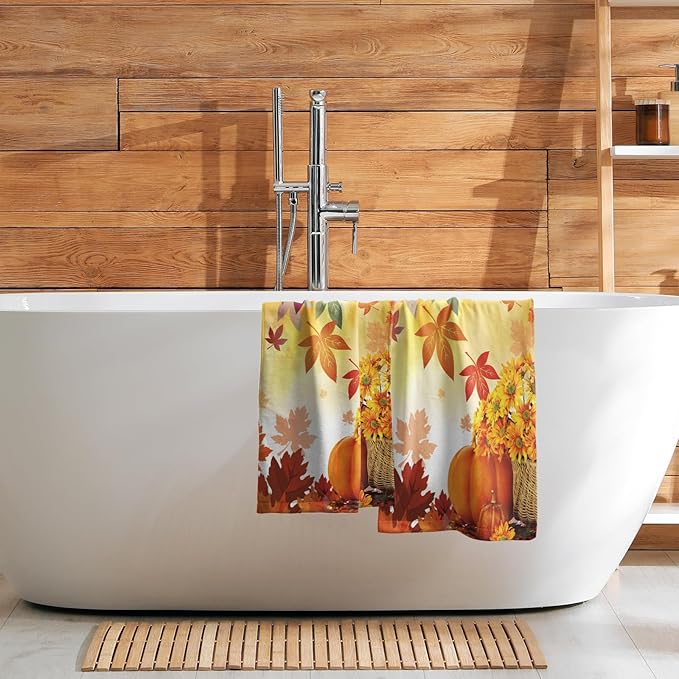 Giwawa Fall Pumpkin Towels 15x30 Set of 2, Autumn Maple Leaves Yellow Sunflowers Hand Towel, Seasonal Farmhouse Thanksgiving Harvest Face Towel Washcloth for Bathroom Hotel Guest Log Cabin Decoration