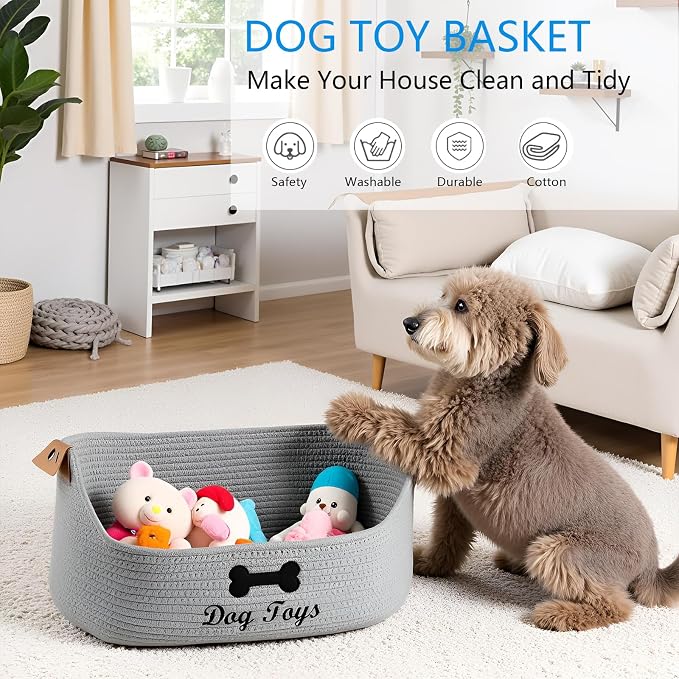 Dog toy basket storage large dog box pet bed great for collecting pet toys, blankets, leashes, clothing in living room playroom closet - Gray