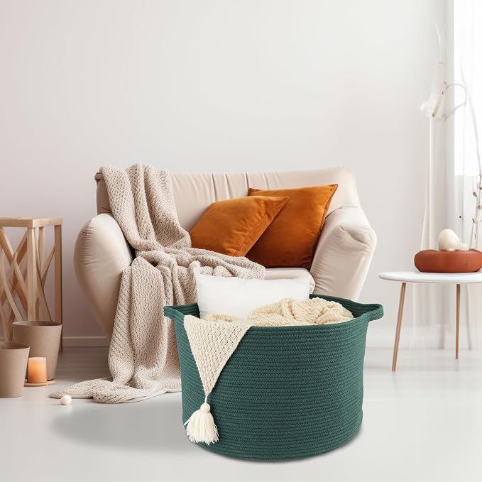 XUANGUO Extra Large Cotton Rope Round Storage Basket 22" x 14" Dark Green | Woven basket for blankets, toys, towels, laundry, nursery, living room and pet toy storage.