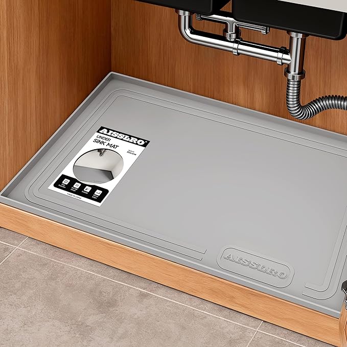 Under Sink Mat 25" X 19", Waterproof Silicone Cabinet Kitchen Liner, Gray | BPA-Free Raised-Edge Cabinet Protector & Leak Tray for Bathroom Cabinets, Boots, Pet Feeding Dog & Cat Mats, Dishwasher Safe