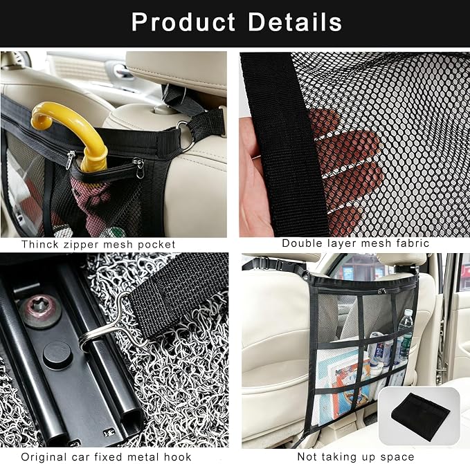 Car Seat Pet Barrier Mesh Organizer Storage Pocket Adjustable Strap | 58×58CM Backseat Pet Divider with Storage Pocket Dog Barrier for Front Seats Auto Back Seat Net for Pet Safety & Car Storage