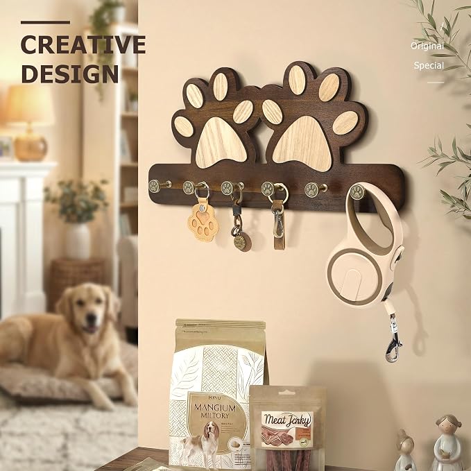MTERSN Cute Dog Leash Holder for Wall for Apartment Essentials, Dark Brown | Acacia Wood, 3D Pet Claw Hooks, Wall Key Holder with 6 Hooks Dog Leash, Ideal for Wall Decor, Gift Idea for Dog Lovers