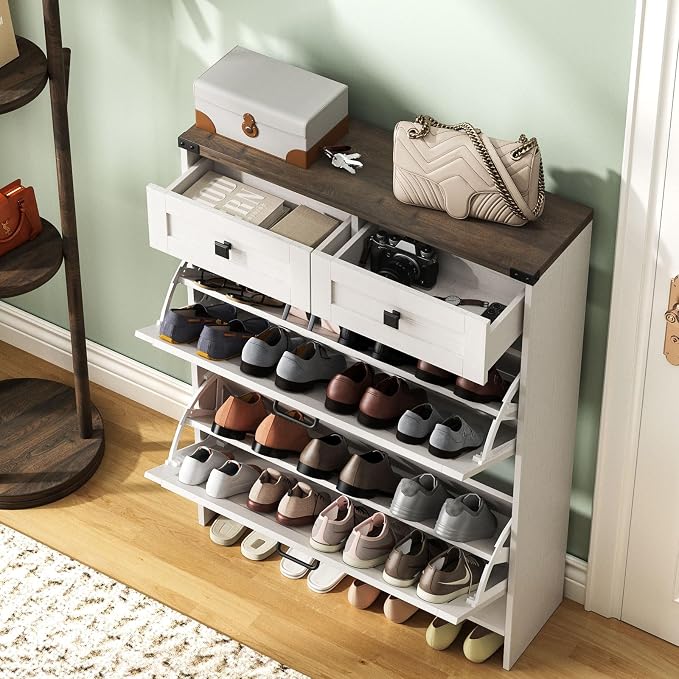 Halitaa Shoe Cabinet with 2 Flip Drawers & 2 Drawers,Farmhouse Shoe Storage Cabinet for Entryway,Slim Freestanding Narrow Organizer Rack for Front Door Entrance,White