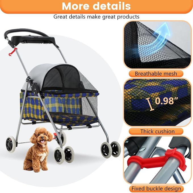 BestPet Foldable Pet Stroller for Small/Medium Dogs and Cats Up to 33 lbs | 4-Wheel Stroller Pet Strolling Cart w/ Breathable Mesh, Lockable Rear Wheels, Cup Holder/Tray & Storage Box, Yellow Plaid