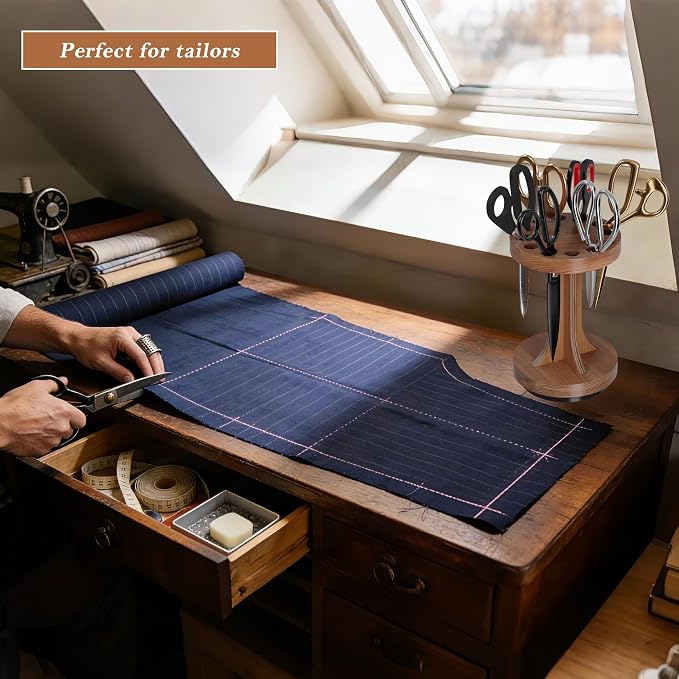Rotating Scissor/Shear Holder, 12 Mixed-Size Slots for Sewing | No Assembly Required, Custom Fit for All Shears, 360° Swivel Base, Wooden Craft for Sewing, Kitchen & Pets