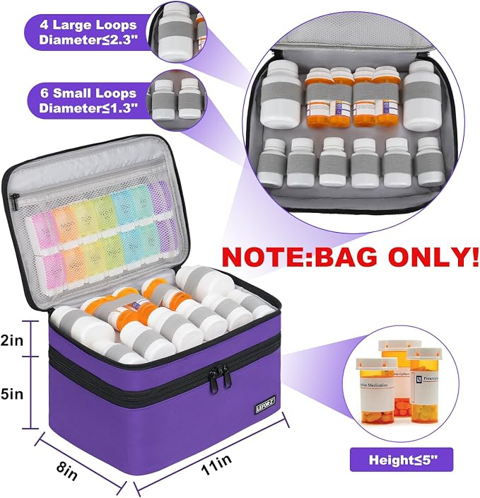 LEFOR·Z Medicine Storage Bag,Double Layers Pill Bottle Organizer Bag Empty | Medical Supplies Bag with Lockable Zipper & Adjustable Divider,Medication Travel Carrying Bag for Pills,Vitamins,Purple