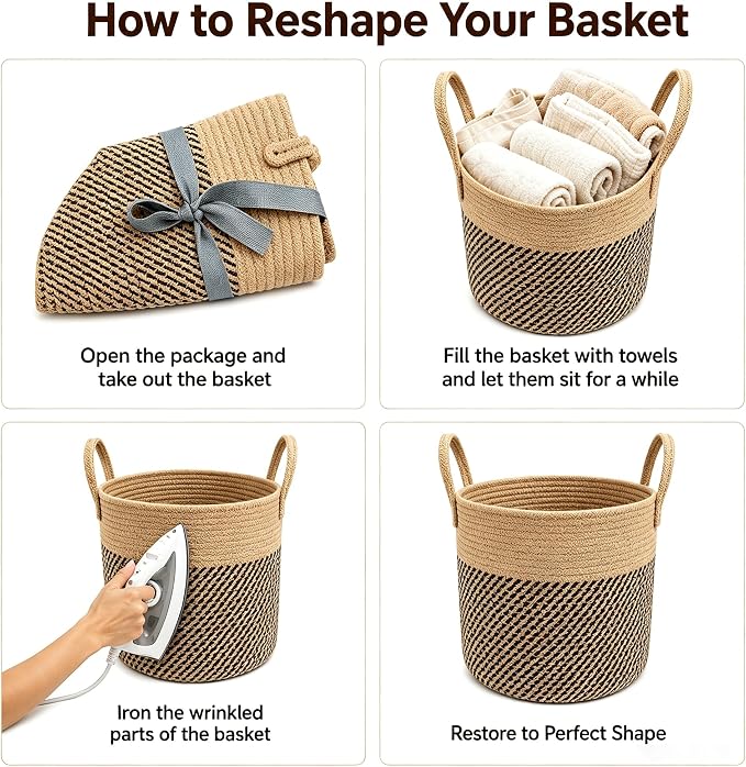 Woven Plant Basket with Handles, 11"x11" Round Rope Wicker Basket for 8-10" Plant Pots, Boho Decor Storage Organizer for Blankets, Toys, Towels, Rustic Storage Bin for Home, Black Stripes