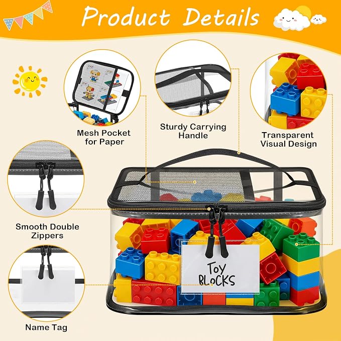 6 Pack Toy Storage Bags, Clear Toy Organizer with Labels Ages 3+ | Waterproof PVC Toy Organization and Storage, Suitable for Storing Building Blocks, Puzzles, Dolls and Board Games