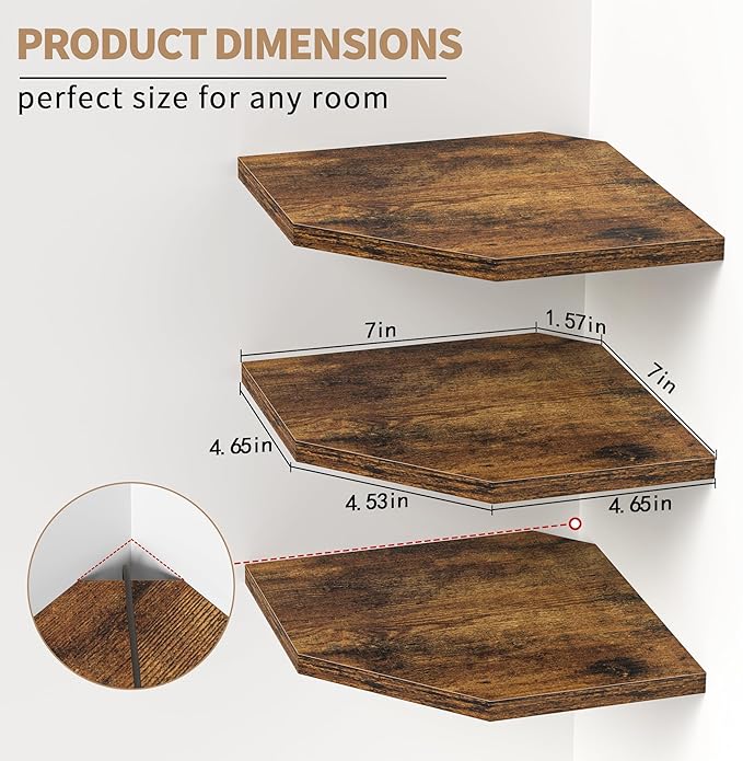 Fun Memories Corner Shelf Wall Mount, Floating Corner Shelves, Set of 6 Corner Wall Shelf Organizer, Rustic Wood Wall Storage Display Shelves for Living Room Bedroom Bathroom Kitchen, Rustic Brown