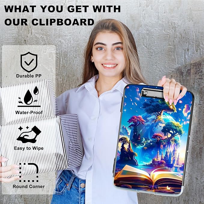 Book Trees A4 Clipboard with Storage Pen Holder, Clipboards Organizer Nursing Clipboard Foldable File Folder Plastic Clipboard Folio Clip Board for Office Students Classroom Doctor