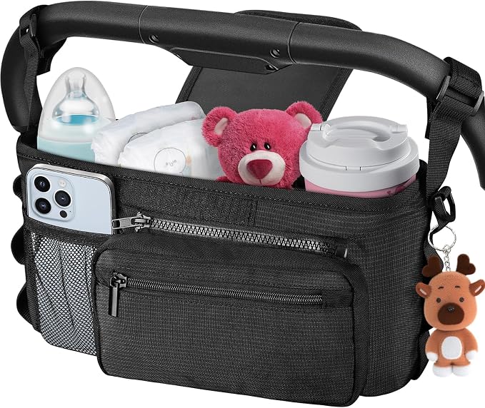 Kinembold Universal Stroller Organizer with Cup Holder Detachable Phone Bag and Shoulder Strap, Stroller Caddy Fits for Stroller Like Uppababy, Baby Jogger, Doona, Nuna, BOB, and Pet Stroller