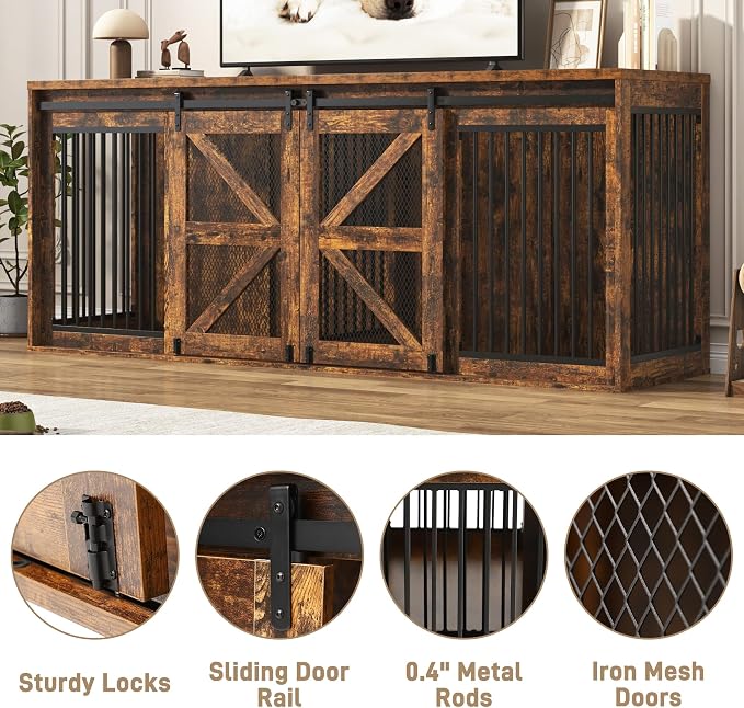 jiteentarou95In Farmhouse Dog Crate TV Stand, Wooden Dog Kennel Furniture with Sliding Metal Mesh Barn Door, Large Dog Crate Furniture for 2 Dogs, Solid Metal Tube & 2 Lockable Doors, Rustic Brown