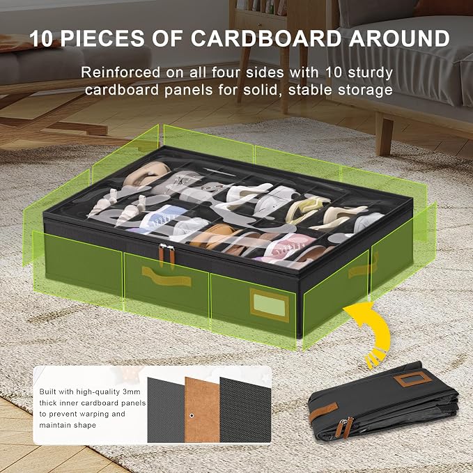 Shoe Organizer Under Bed, Fits 32 Pairs, Under bed Shoe Storage Boxes with Study Handles and Clear Cover, zapateras organizer for shoes, set of 2