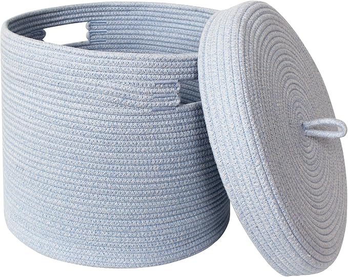Storage Basket with Lid, Woven Blanket Storage for Living Room, Soft Cotton Rope Bin with Lid, Round Wicker Laundry Basket with Cover, Lidded Kid Dog Toy Box, Nursery Organizer, 15"x13", Blue