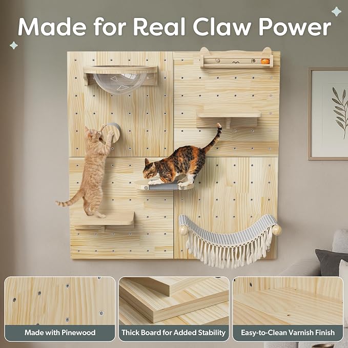 Ardilla & Co. Cat Wall Furniture – Wall-Mounted Modular Wooden Boards with 7 Moveable Accessories, Cat Wall Shelves, Hammock, Climber Steps, Perches, Walkways, Toy & Acrylic Bowl!