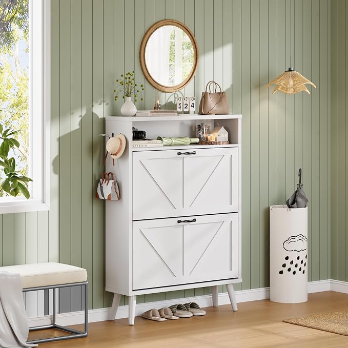 Shoe Storage Cabinet with 2 Flip Drawers for Entryway,White | Narrow Shoe Storage Organizer Rack, Hidden Shoe Cabinet with Adjustable Shelves for Entryway, Hallway, Living Room