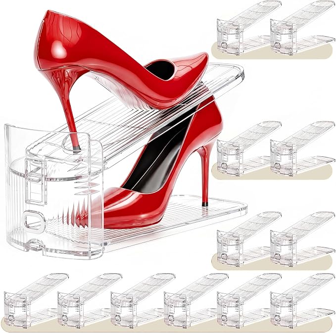 Shoe Stacker, Shoe Slot Organizer for Closet, Shoe Storage Rack | 12 Pack, Clear, 50% Space Saver, 3 Adjustable Height, Tool-Free Assembly, 30% Thicker, Superior Load Bearing