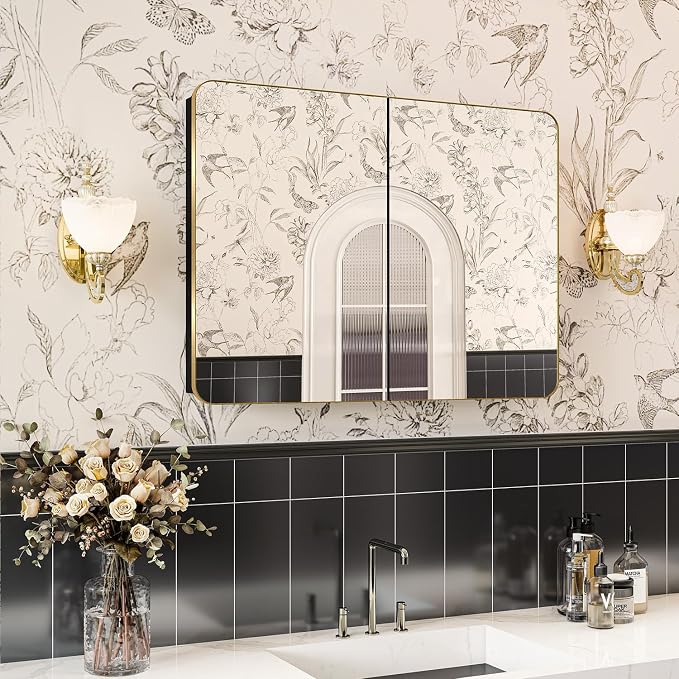 32x24 in Brushed Gold Double Door Medicine Cabinet with Mirror, Gold