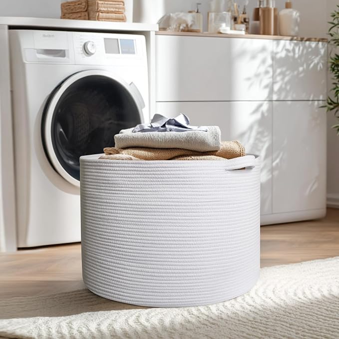 115L White Cotton Rope Storage Basket, 23.6"x15.7" Extra Large Blanket Storage Living Room, XXXL Soft Toy Bin for Organizing, Woven Baby Laundry Basket with Handle, Wicker Hamper Nursery