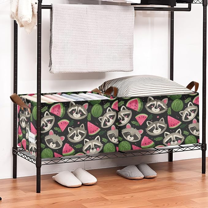 Cute Raccoon with Watermelon Storage Basket Foldable Cube Storage Bins with Handles&Label Waterproof Collapsible Organizer Box Bin Large Rectangle Decorative Baskets for Shelves Home Room Laundry-2 PC