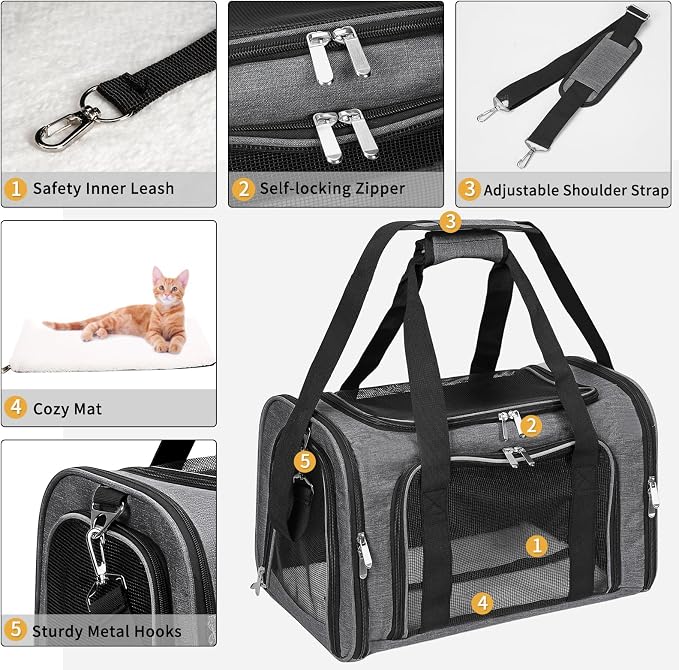 Soft-Sided Cat/Dog/Pet Carrier, Collapsible Pets Travel Carriers | for Big Cats/Small Dogs with Shoulder Strap & Removable Mat, Mesh Puppy Carry Bag,Up to 16 Lbs,TSA Airline Approved-Dark Grey