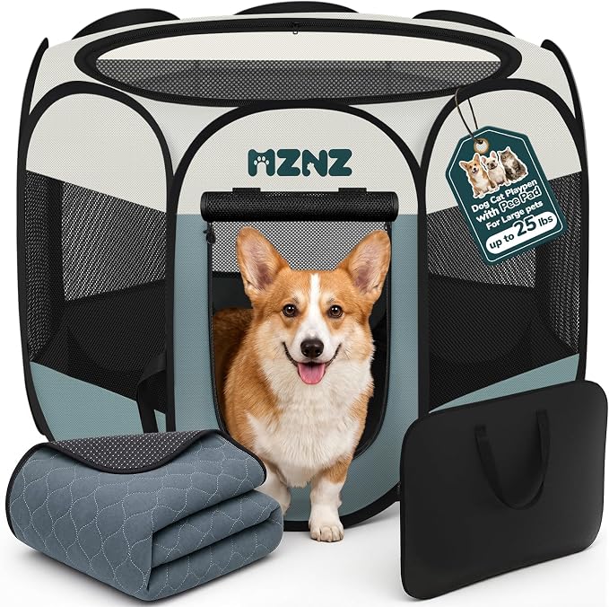 Dog Cat Small Animal Puppy Playpen Crate with Pee Pad, Medium, Grey | Portable Pop Up Pet Cage Enclosure Tent Kennel Indoor Outdoor with Carrying Case, No Assembly, Camping Use
