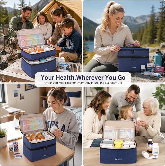 Lexeeco Dual Layers Medicine Pill Bottle Organizer Bag with Lockable Zipper | Portable Medication Bag for Pills,Vitamins,Fish Oil,Medicine Storage Box for College Dorm Student,Home,Large Travel Pill Case