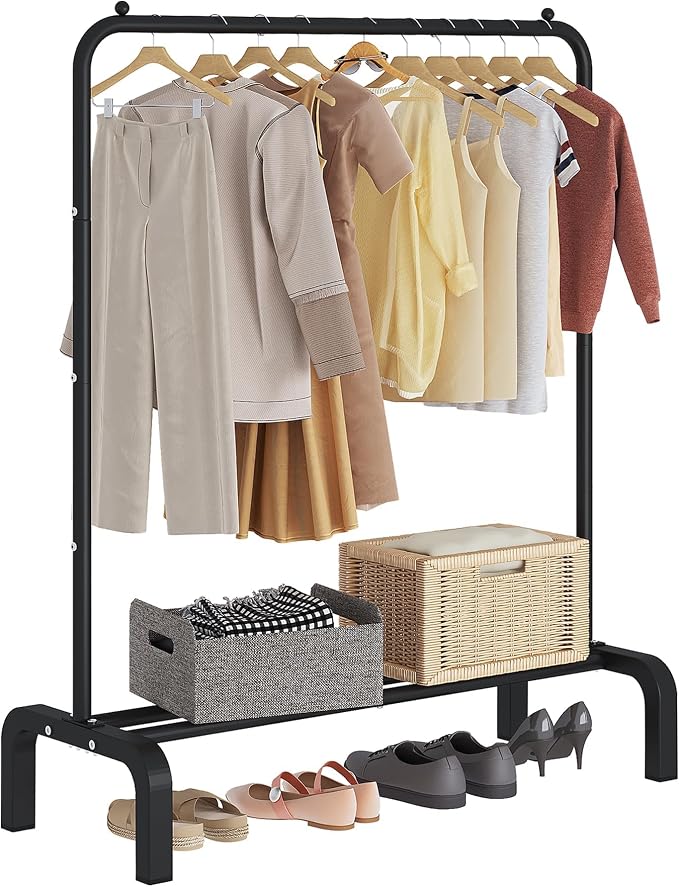 Garment Rack Clothing Clothes Rack for Clothes Organizing Black | Standard Metal 34 Inches Garment Rack with Bottom Shelf for Hanging Clothes Coats Jackets Shirts Sweaters Jeans Black