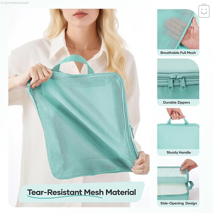 Veken 9/11 Set Compression Packing Cubes Garment Bags for Travel Essentials,Compressible Expandable Luggage Organizer Bags for Clothing,Space Saver Bags with Over 1000 pcs of Mesh Holes(Blue Green)