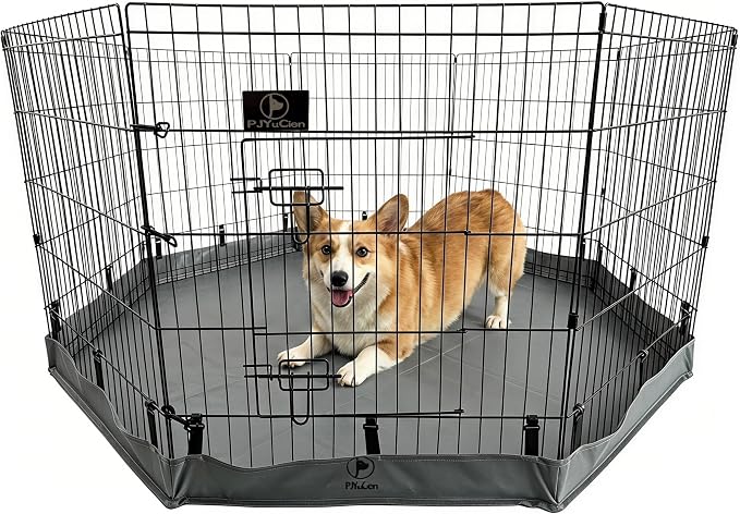 PJYuCien Puppy Playpen with Bottom Pad and Door, 8 Panels 30" H, Gray | 24"W, Dual-function Pad, For Small Pets, Foldable Octagonal Pen, Versatile, Indoor & Outdoor, Backyard, Protects Floors