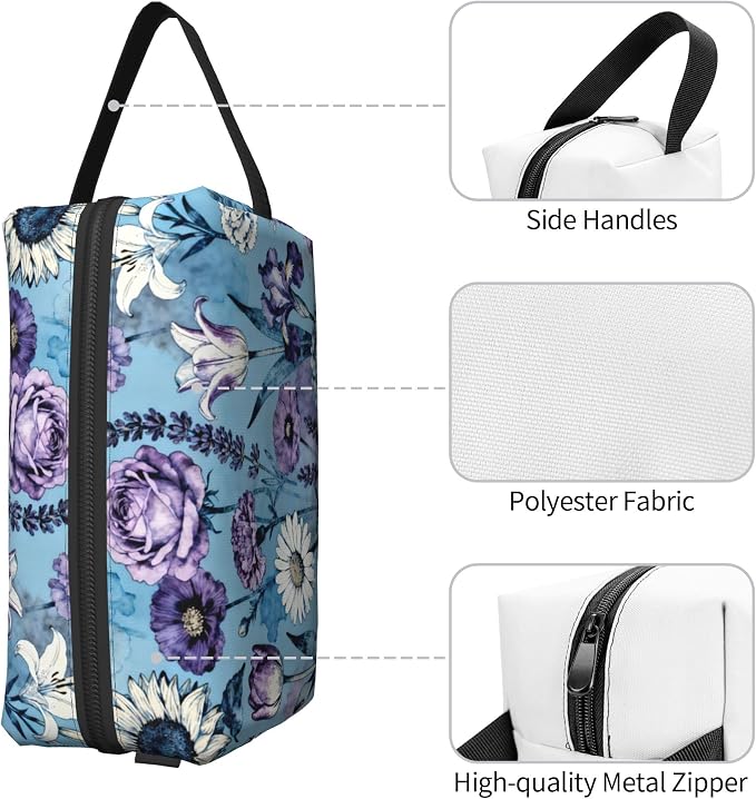 Blue and Purple Watercolor Floral Makeup Bag - Durable 600D Oxford Fabric Travel Cosmetic Bag, Shockproof Foam Padded Toiletry Organizer for Gym & Daily Use 10x6.2x4.9 Inch