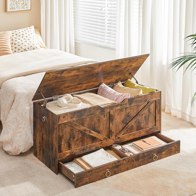 HOOBRO Storage Chest, 43.3" Toy Chest with Drawer, Wooden Storage Bench, Sturdy Entryway Bench Supports 220 lb, Shoe Bench, Safety Hinge, U-Shaped Opening, Easy Assembly, Rustic Brown FG711CW01G2