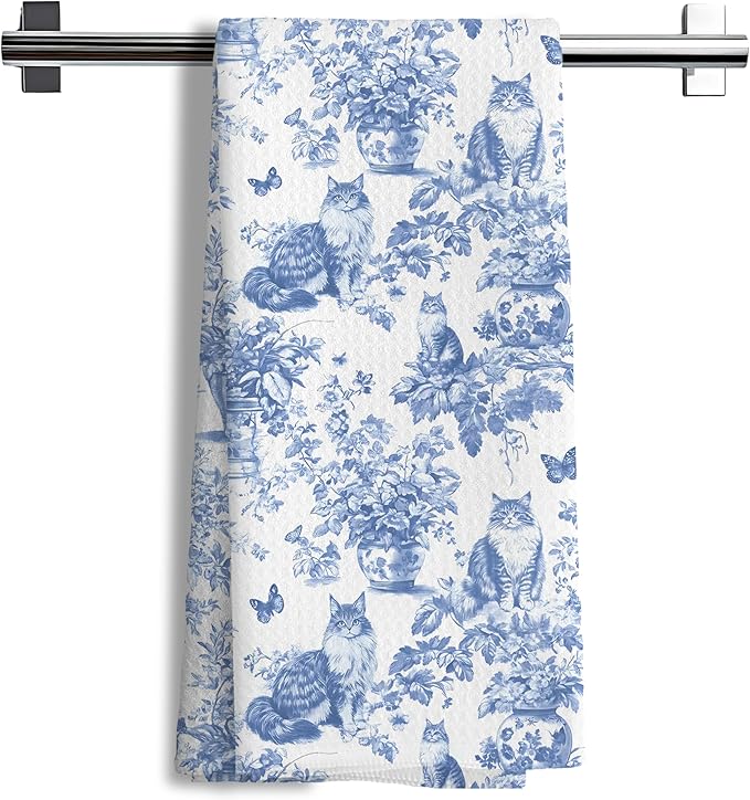 Chinoiserie Floral Maine Coon Kitchen Towels,Blue and White Cat Decor Kitchen Dish Tea Towels Bathroom Gifts for cat Lovers Women Men,16x24 Inch