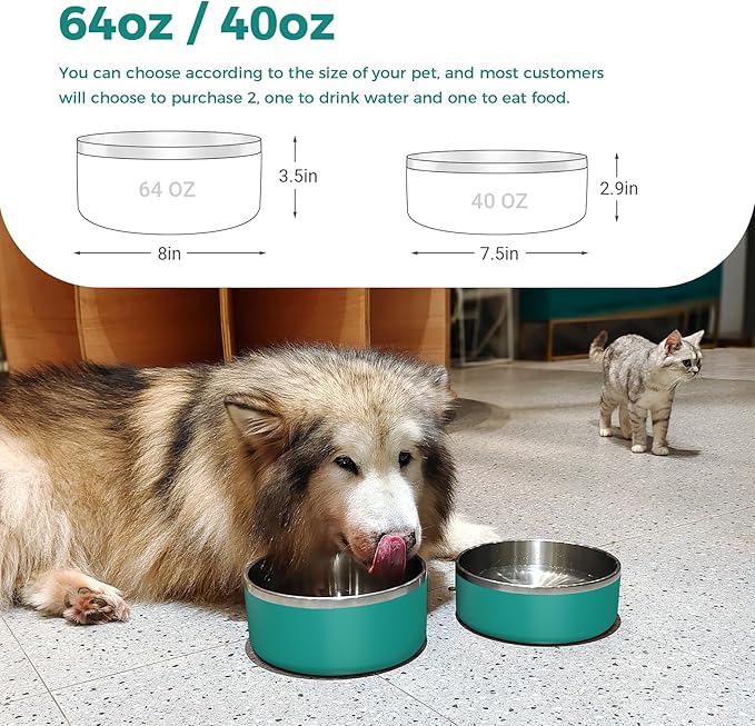 WENBOKMIN Dog Bowl, Stainless Steel Dog Food and Water Bowl with Non Slip Quiet Bottom, Easy to Clean, Dishwasher Safe, 40oz, Deep Green