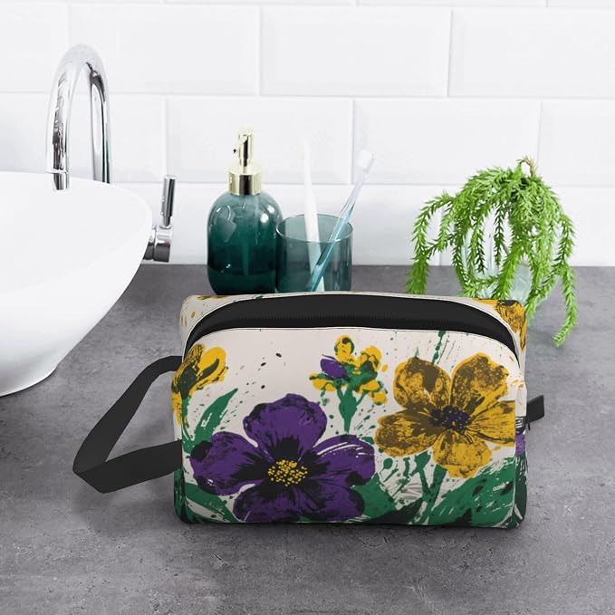 Purple & Yellow Floral Makeup Bag - Durable 600D Oxford Fabric Travel Cosmetic Bag, Shockproof Foam Padded Toiletry Organizer for Gym & Daily Use 10x6.2x4.9 Inch