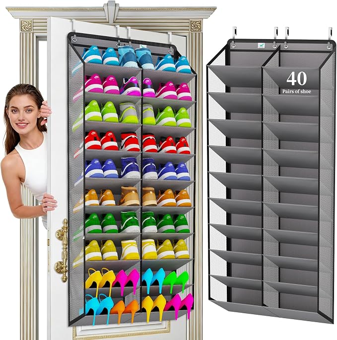 Large Shoe Rack for Door 74 x 24 Inches, Over the Door Shoe Organizer, Heavy-Duty Hanging Shoe Storage for Closet, Extra-Wide 30 Pairs Shoe Holders Fit Family Sneakers Heels Boots - Grey