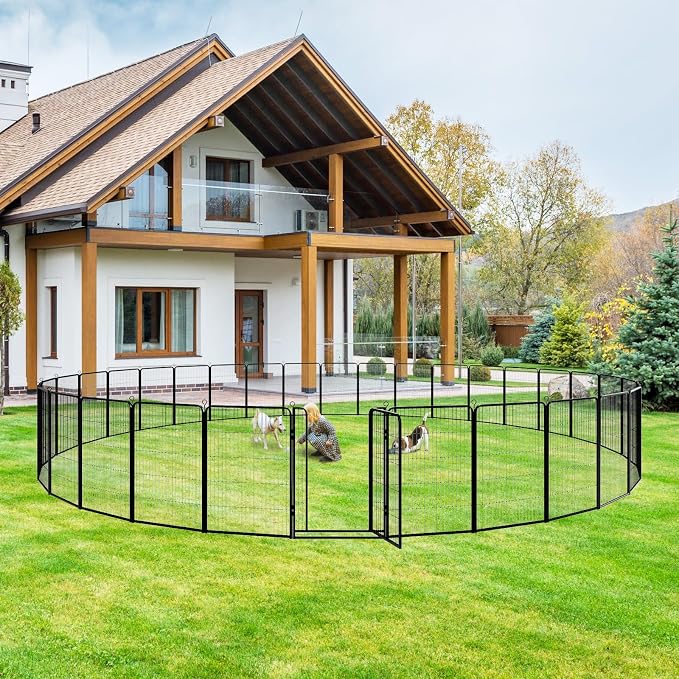 Kfvigoho Dog Playpen Outdoor Extra Wide 24 Panels Heavy Duty Dog Fence 47" | Anti-Rust Coating-Strengthened Dog Fence with Doors Portable for RV Camping Yard, Total 63 FT, 316 Sq.ft, Snowy Black