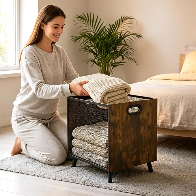 66L Blanket Basket, Laundry Basket Organizer With Rustic Industrial Design, Blanket Storage Basket For Living Room, Wood And Metal Mesh Construction